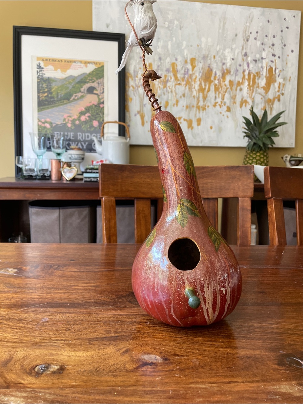 New Unused Gourd Birdhouse Hand Painted Floral Bird Easy to Hang